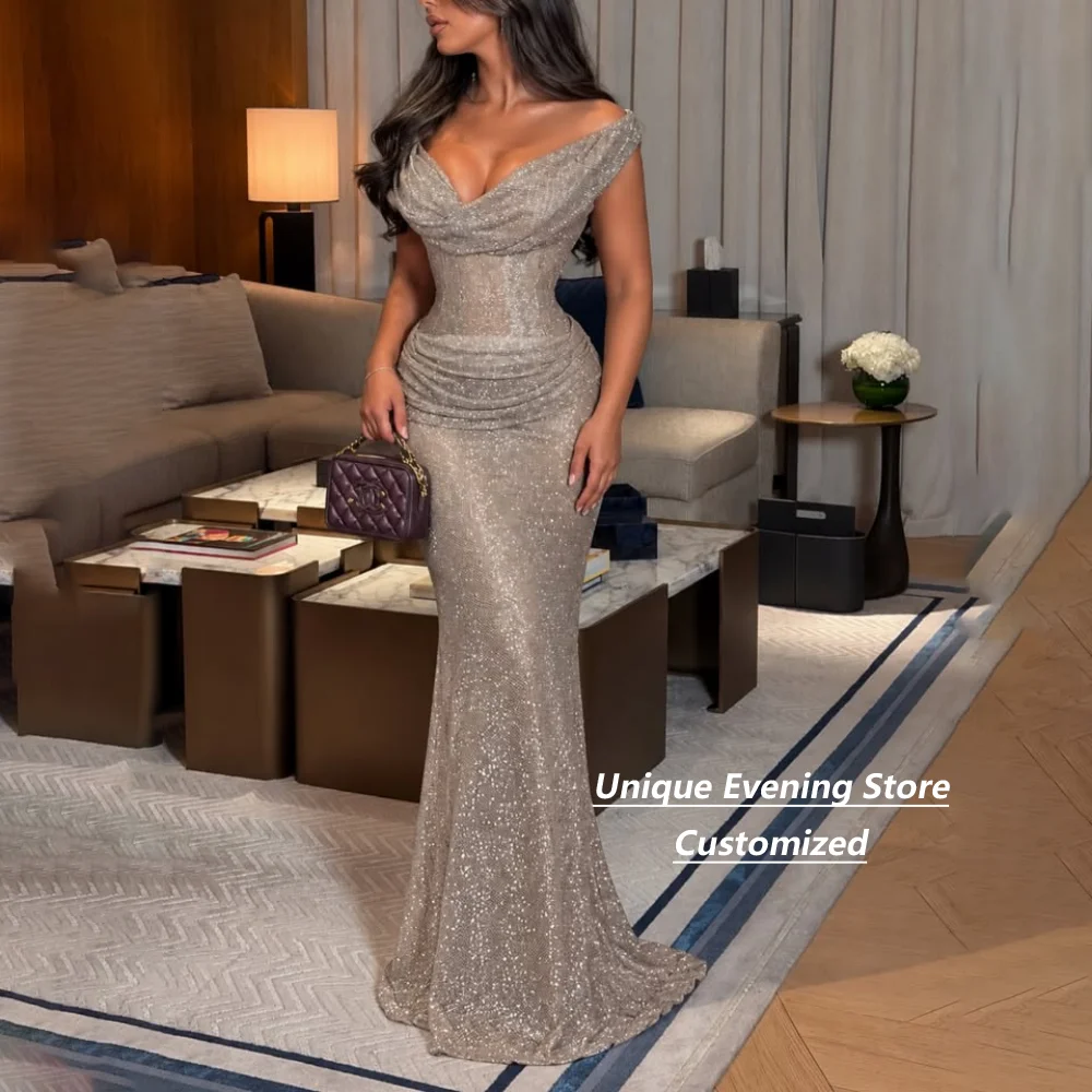 Customized Silver Glitter Sequin Mother of the Bride Dresses Off Shoulder Cowl Neck Ruched Mermaid Formal Dress For Women