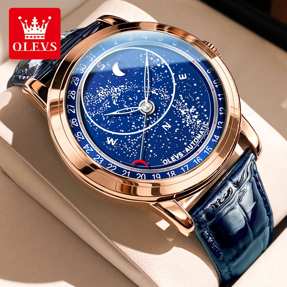 OLEVS 9923 Moon Phase Automatic Mechanical Watches for Man Fashion Leather Strap Waterproof Starry Sky Blue Luxury Men's Watches