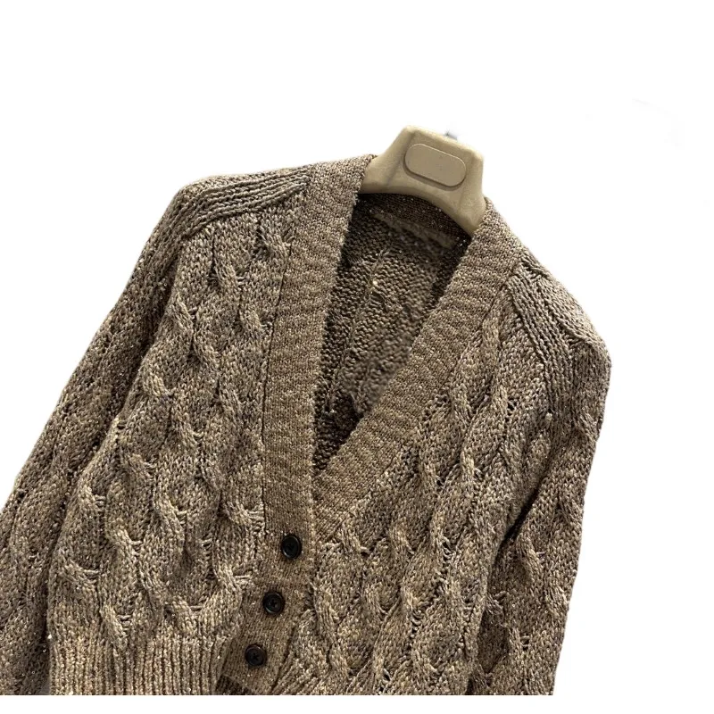 Filbert Color Sequin Cotton Linen Yarn V-neck Twist Cardigan 65% Cotton 35% Cotton Linen Winter Sweater Top Quality