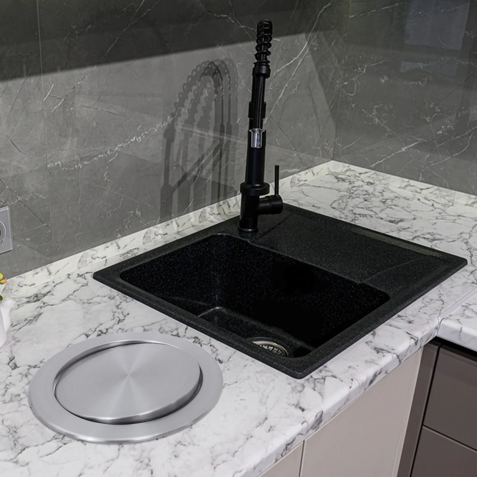 

Embedded Stainless Steel Trash Bin Round Drop-in Lid Countertop Built-in Garbage Can for Kitchen Office Restaurant Hotel