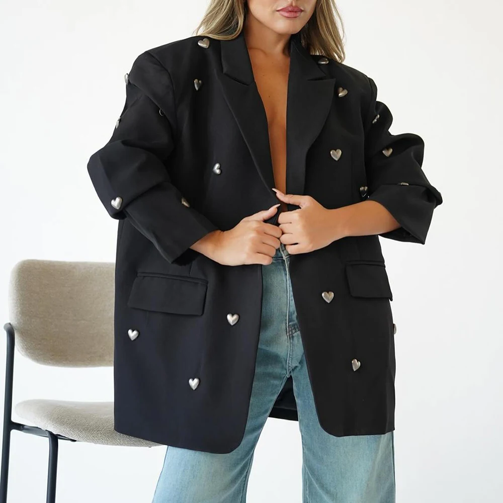 TWOTWINSTYLE Elegant Spliced Heart Blazers For Women Notched Collar Long Sleeve Patchwork Pockets Chic Blazer Female Fashion New