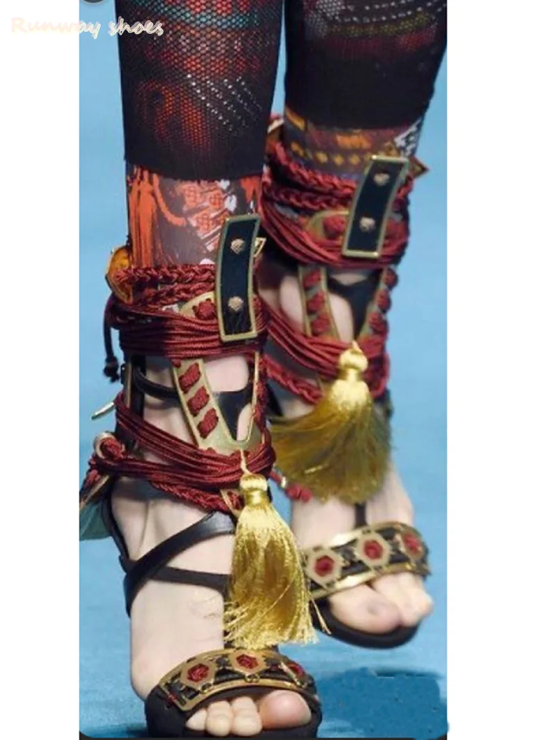 Retro Style Red And Black Color Scheme Jewel-Decorated High-Heeled Sandals Round Head Stilettos Cross Straps Luxury Sandals