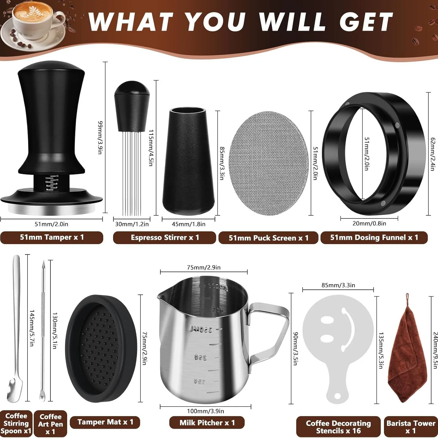 10PCS Barista Coffee Tool Set, 58mm Constant Force Tamper & Milk Frothing Pitcher Kit