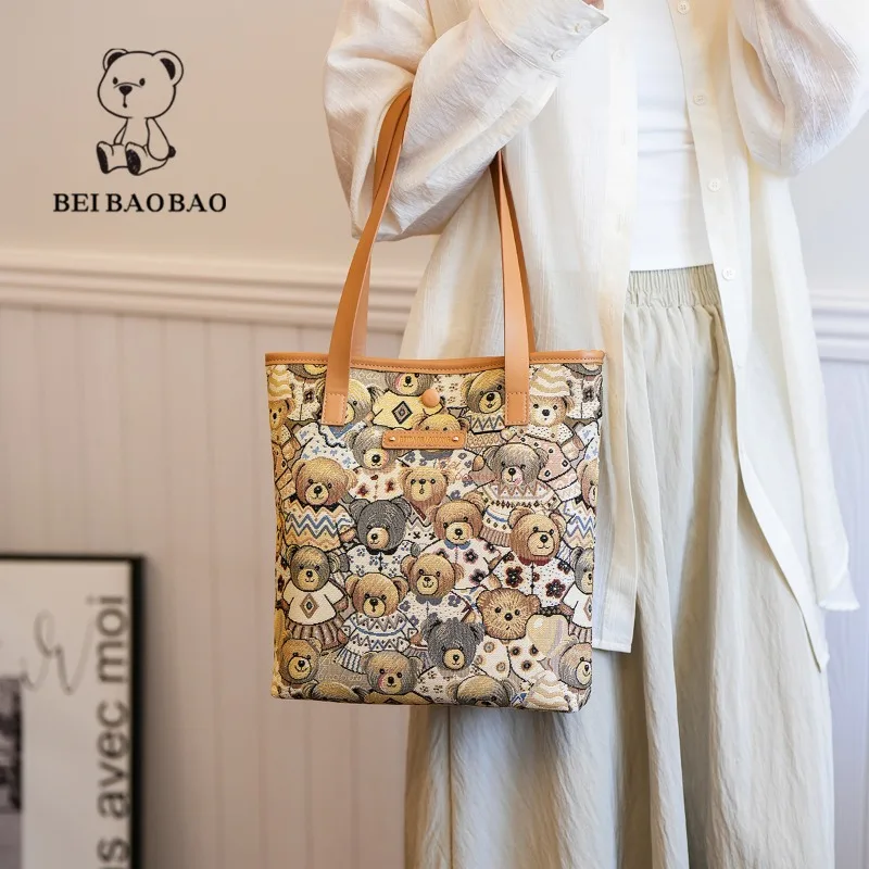 Beibaobao Ladies Shoulder Bag Canvas Bear Ins Style Casual Fashion Handbag Classroom Bags Large Capacity Daily Commuter Tote Bag