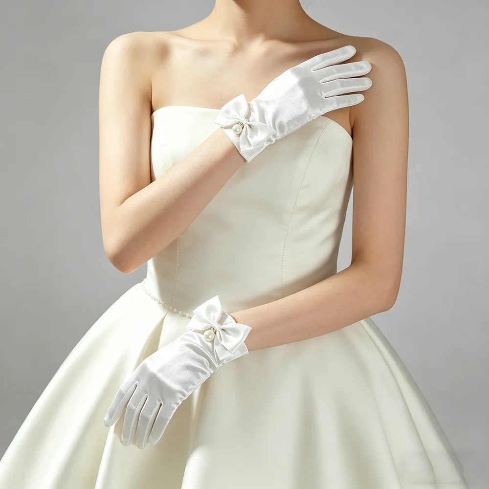 French Vintage Satin White Black Pearl Bow Elegant Short Gloves Cosplay Princess Bridal Wedding Ceremony Split Finger Gloves