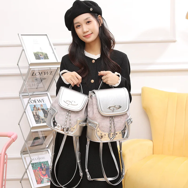 

Casual Backpacks For Women Luxury Designer Handbags And Purses New In PU Sliver Crocodile Pattern Small Shoulder Bags For Women