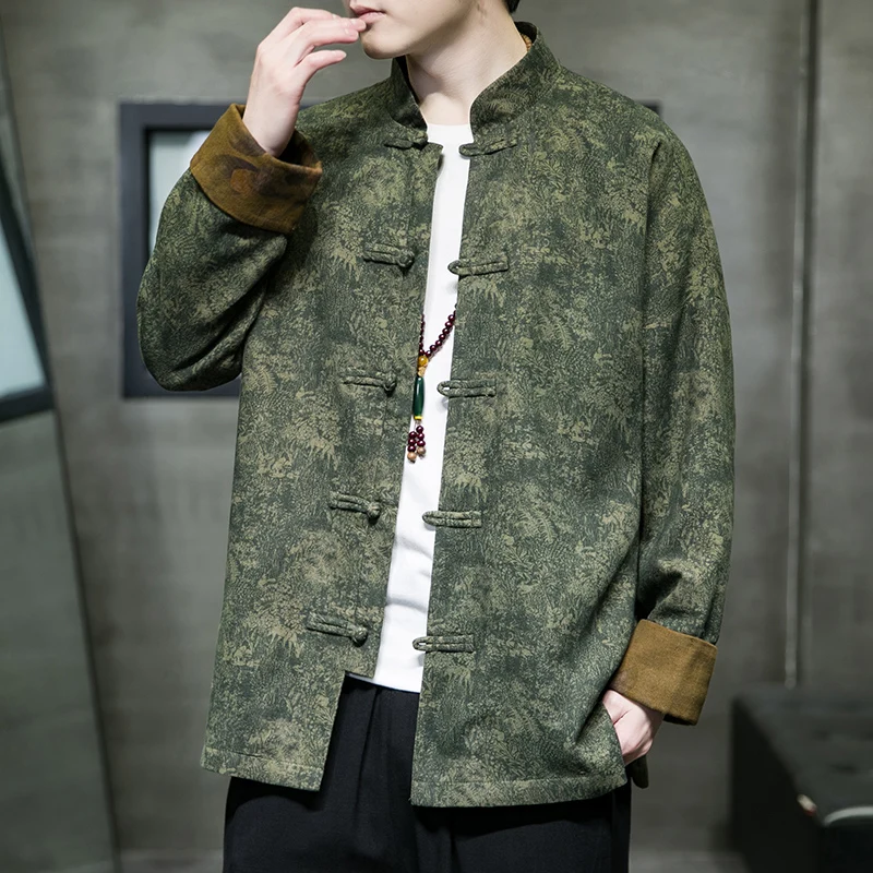 Spring Autumn Casual Printed Chinese Sle Men's Jaet with Button Youth Trendy Loose Fit Long Sve Outerwear Coat