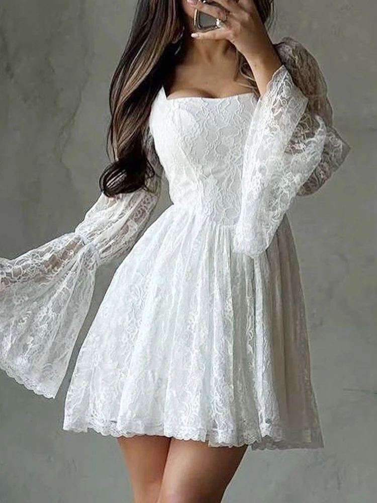 캐주얼 연근 소매 파티 드레스 가을 우아한 스퀘어 칼라 케이크 A라인 드레스 섹시한 레이스 자수 솔리드 화이트 미니 드레스