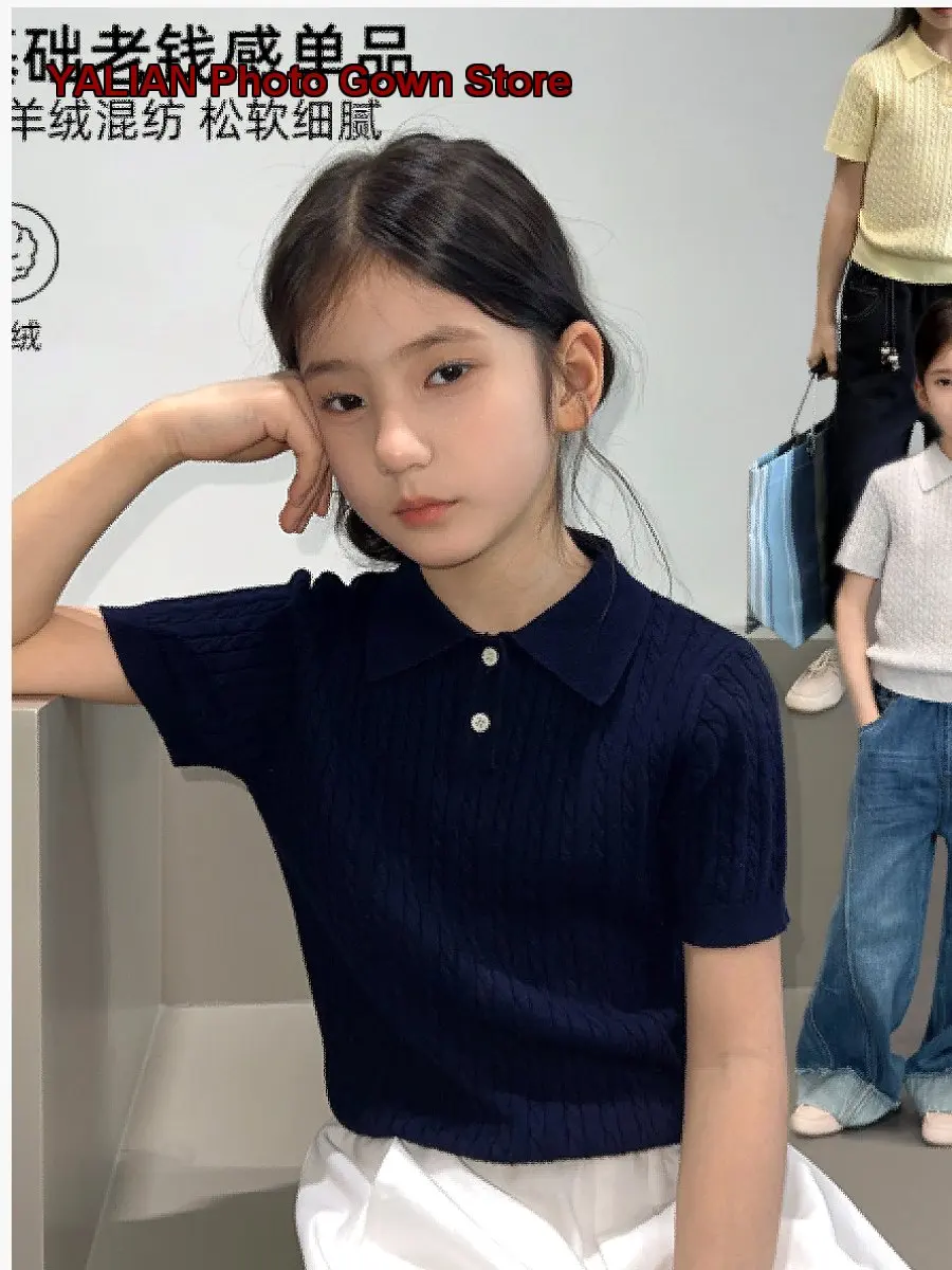 Girls Knit Top Kids Autumn Round Neck Cotton Merino Wool Ribbed Short Sleeves T-Shirt Solid Color Soft Skin-Friendly Medium-Larg