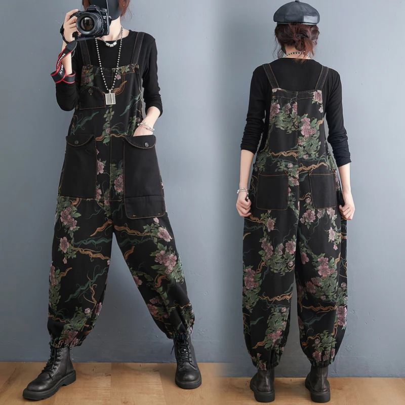 

Ethnic Print Denim Overalls Large Size Women's Loose Fit Pants with Big kets Wide Leg Lantern Pants Nine Points Pants