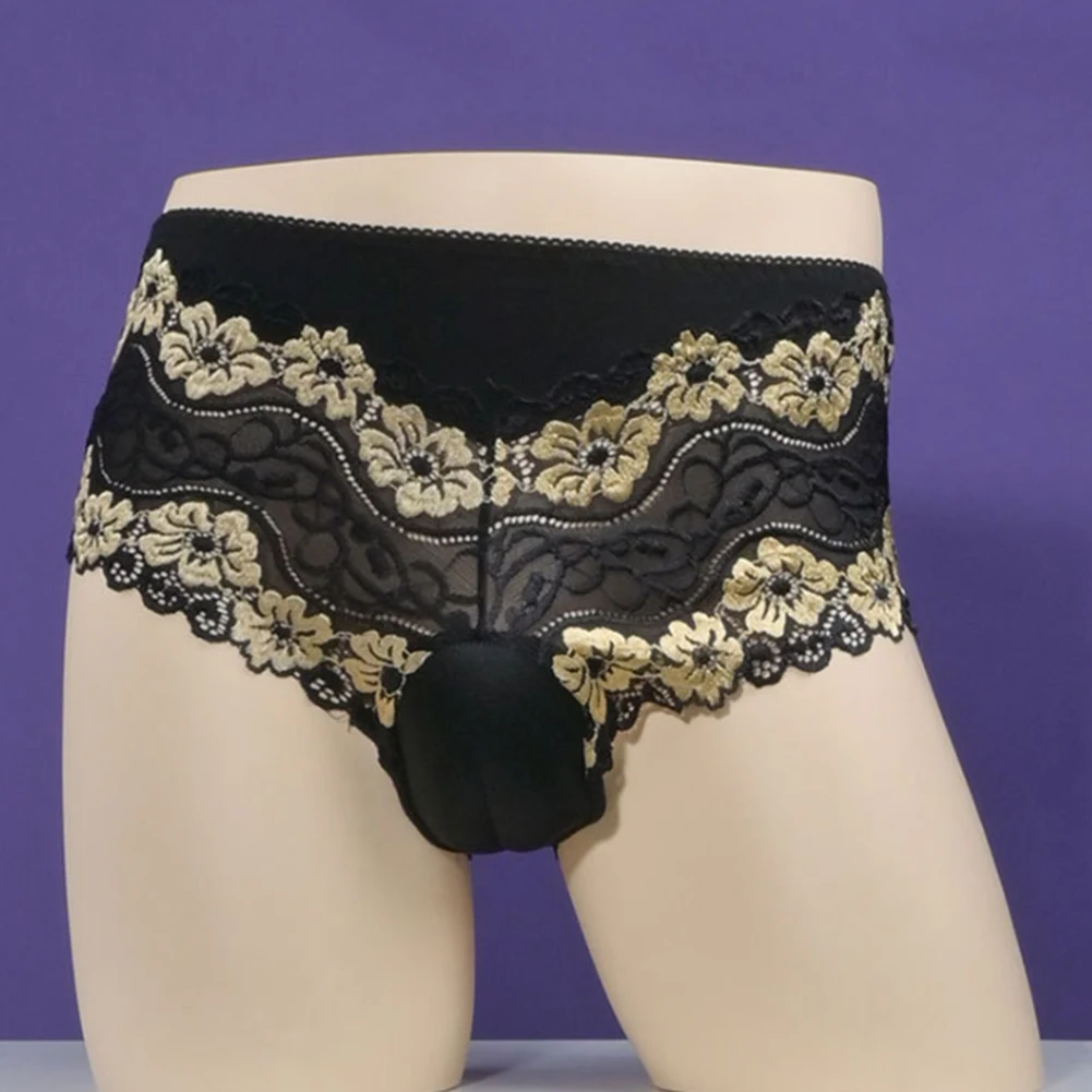 

For Costume Parties Men Crossdress Panties Lace Flower Underwear Comfortable Sissy Underpants Crossdress Black