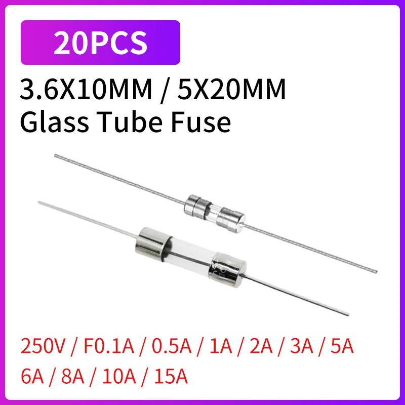 20PCS Glass Tube Fuse 250V Fast Blow 3.6×10mm 5×20mm With Pin 0.5A 1A 1.5A 2A 3A 5A 6.3A 8A 10A 15A Quick Acting Fuses
