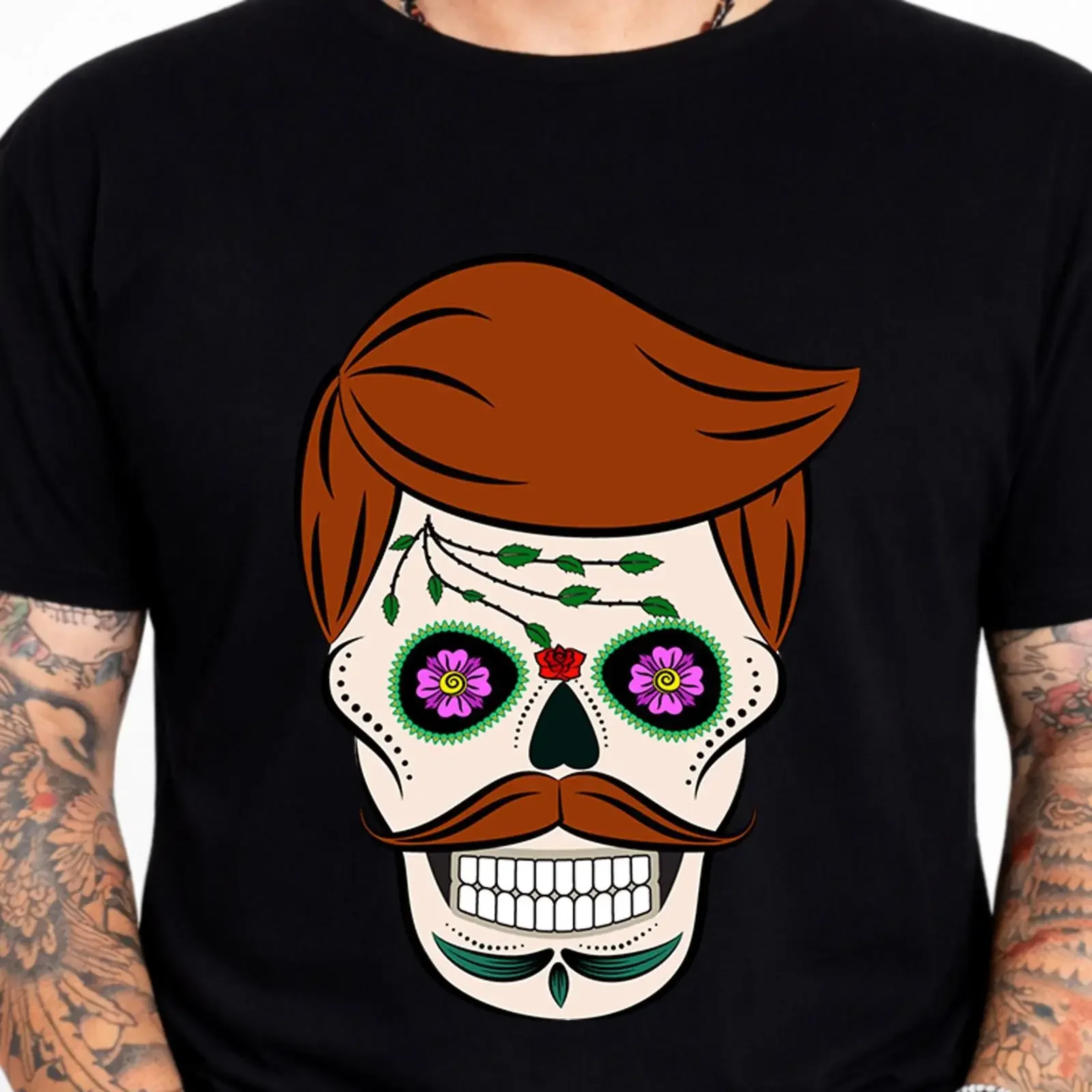 Sugar Skull Mustache Day Dead T Shirt Mexican Art Vintage Tattoo Skeleton vintage Washed Soft Slightly Breathable homme