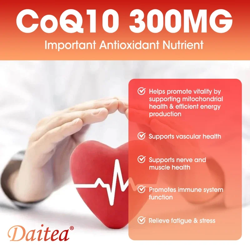 Suplemento de coenzima Q10, ayuda a la salud del corazón y el cerebro, mejora los niveles de energía, suplemento antioxidante