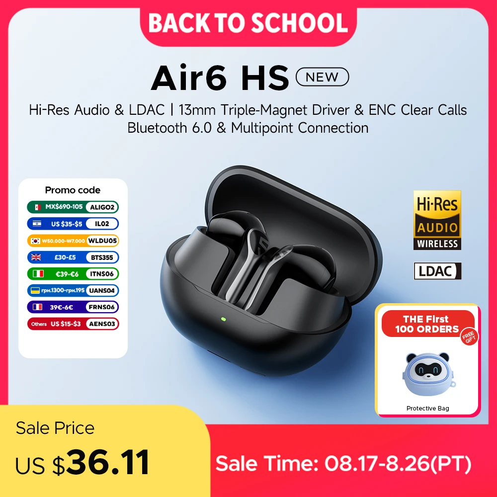 SOUNDPEATS Air6 HS Wireless Earbuds, Bluetooth 6.0 Headphones with 13mm Triple-Magnet Driver, LDAC Hi-Res Audio,Immersive Sound