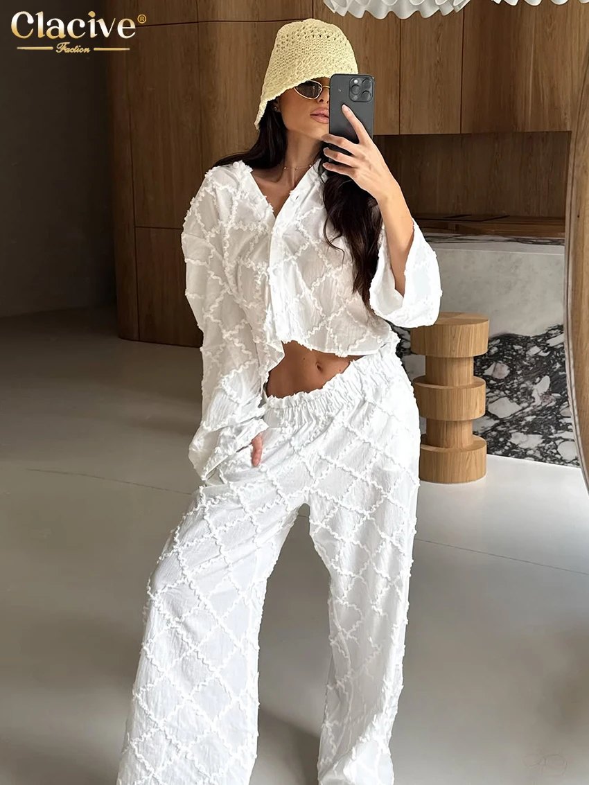 

Clacive Fashion Loose White Cotton Pants Set 2 Piece Woman Elegant Long Sleeve Shirt With High Waist Wide Trousers Suits Female