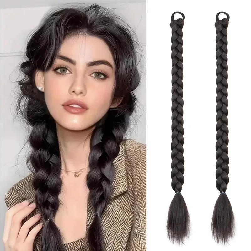 

24Inch 2pcs Braided Extensions Soft Synthetic Straight Wrap Around Hairpieces for Women Daily Wear Accessories
