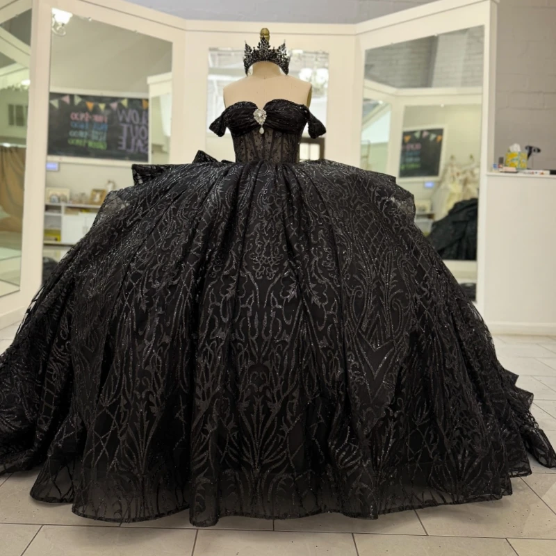 

Black Shiny Quinceanera Dresses Off The Shoulder Sequin Applique Lace Beads Bow Tull Party Birthday Sweet 16 Dress Vestidos 15