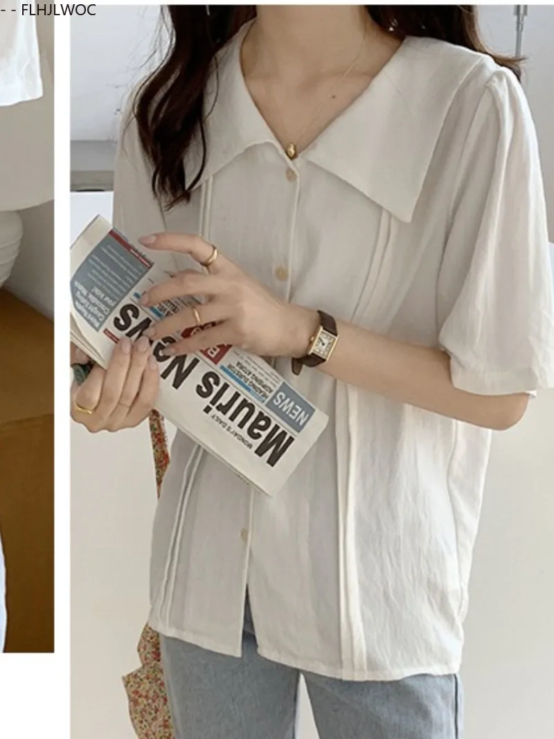 Mélanges de coton hauts chemisiers nouveau 2025 été mignon doux filles Style Preppy à manches courtes rétro Vintage bouton chemises blanches