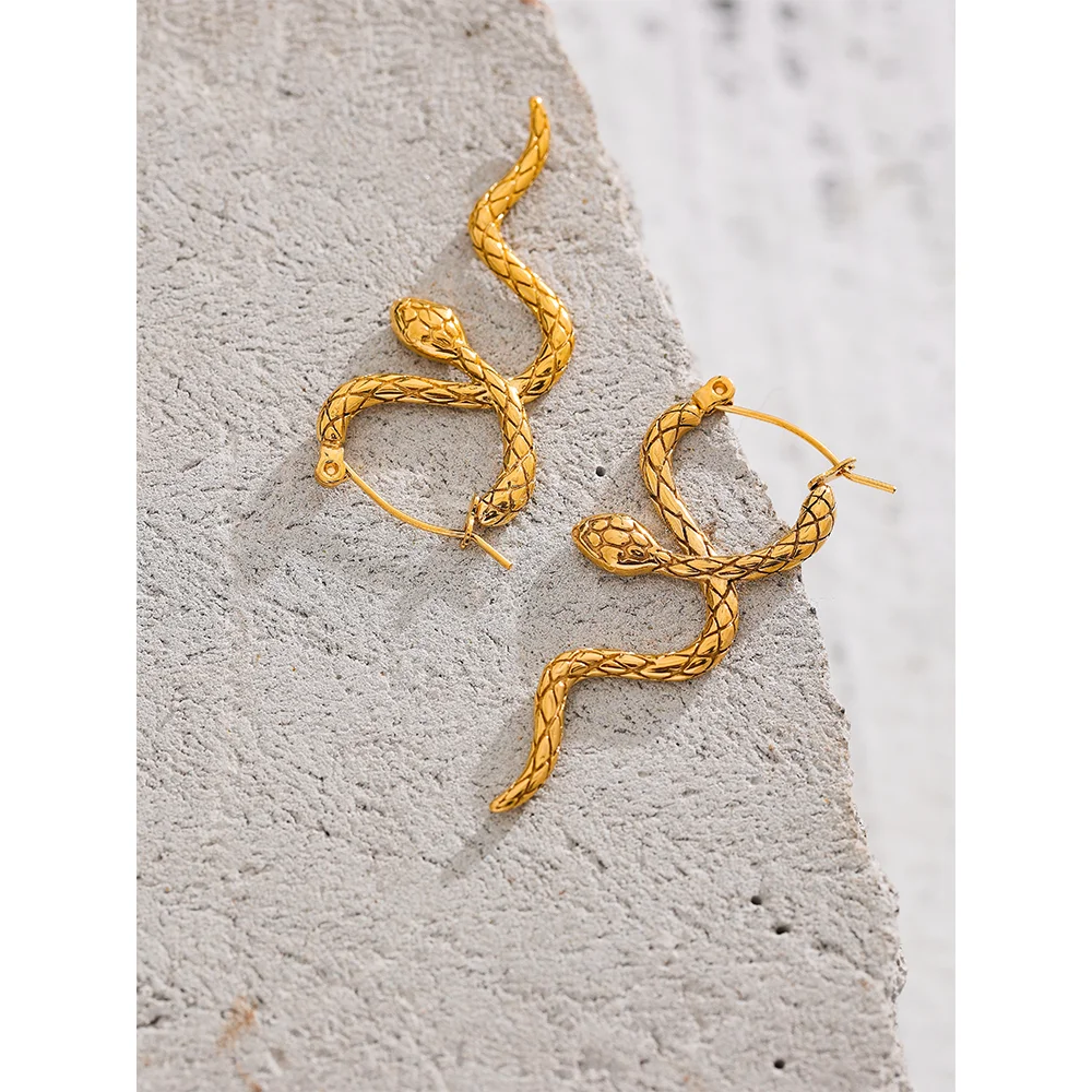Yhpup Stylish Unique Stainless Steel Snake Unusual Hoop Earrings Statement Pvd Gold Color Texture Waterproof Charm Jewelry Women