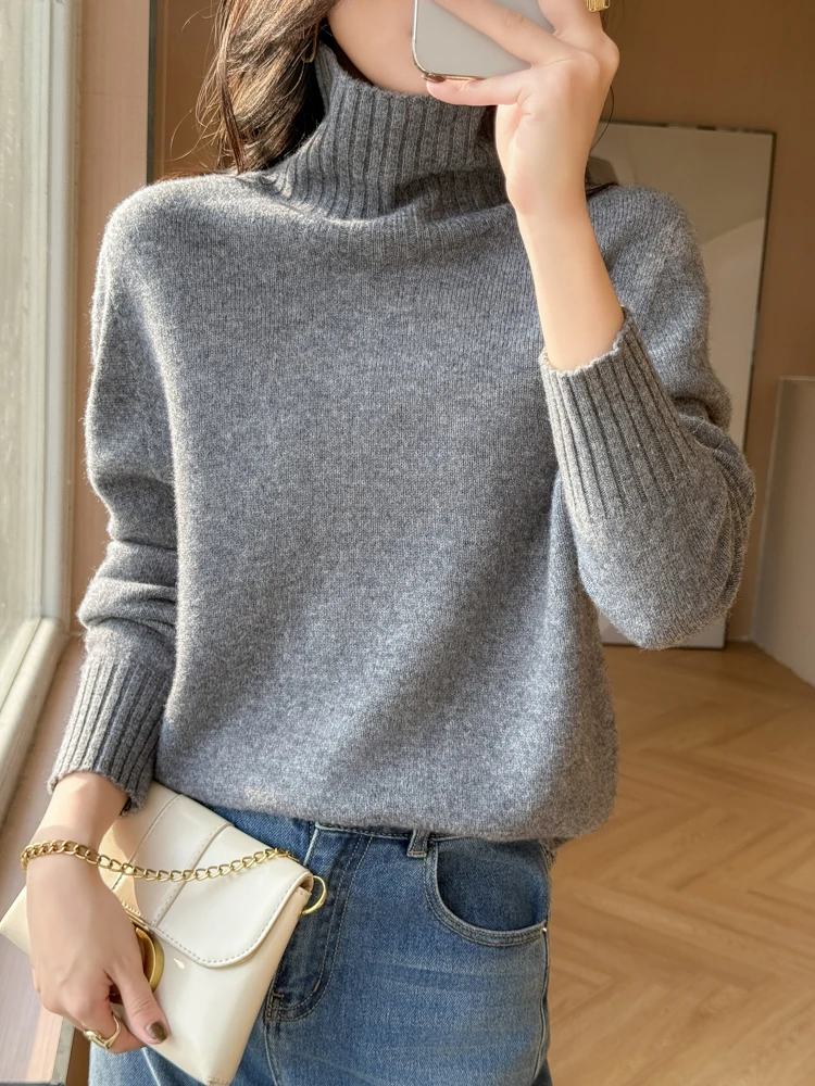 

Women's Fashion 100% Merino Wool Pullover Turtleneck Skin Friendly Knitted Sweater Autumn Winter Cashmere Base Outer Knitted