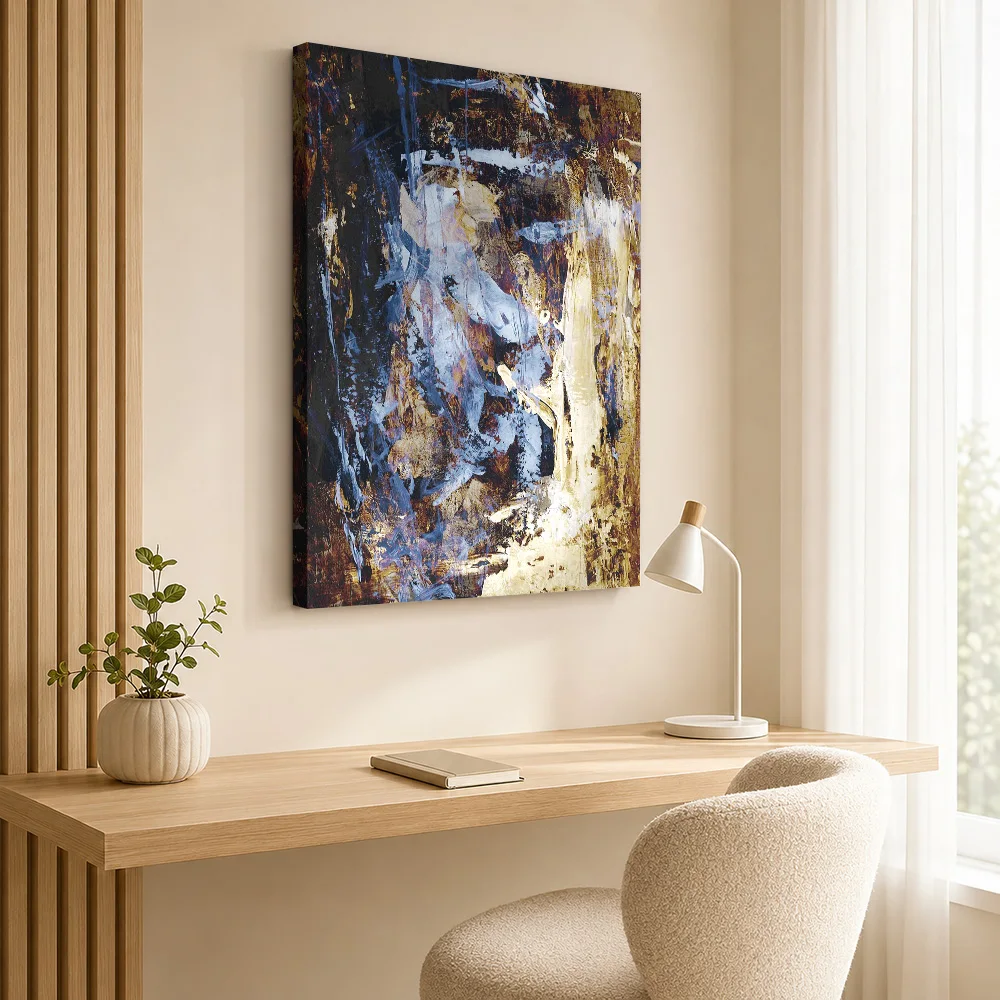 Blue And Gold Expressive Brushwork Canvas Print Customized Photo Abstract Wall Art For Loft Living Room, Interior Stylist Gift