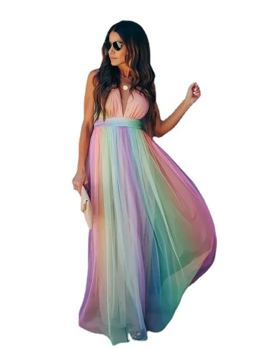 Deep V-neck Rainbow Mesh Sexy Dress Women High Waist Sling Dresses Beach Summer Clothes Women Dress Streetwear