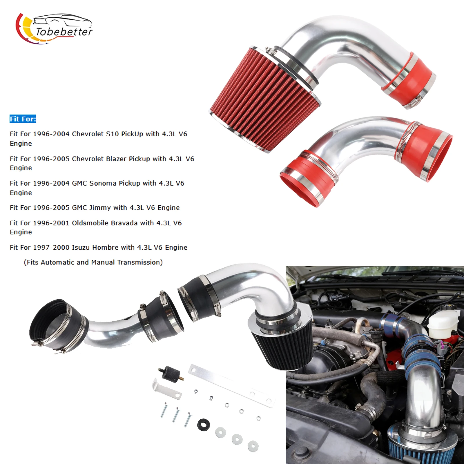 Cold Air Intake System Kit performance filter For 96-04 Chevy S10 GMC Sonoma 96-05 Chevy Blazer 4.3L V6