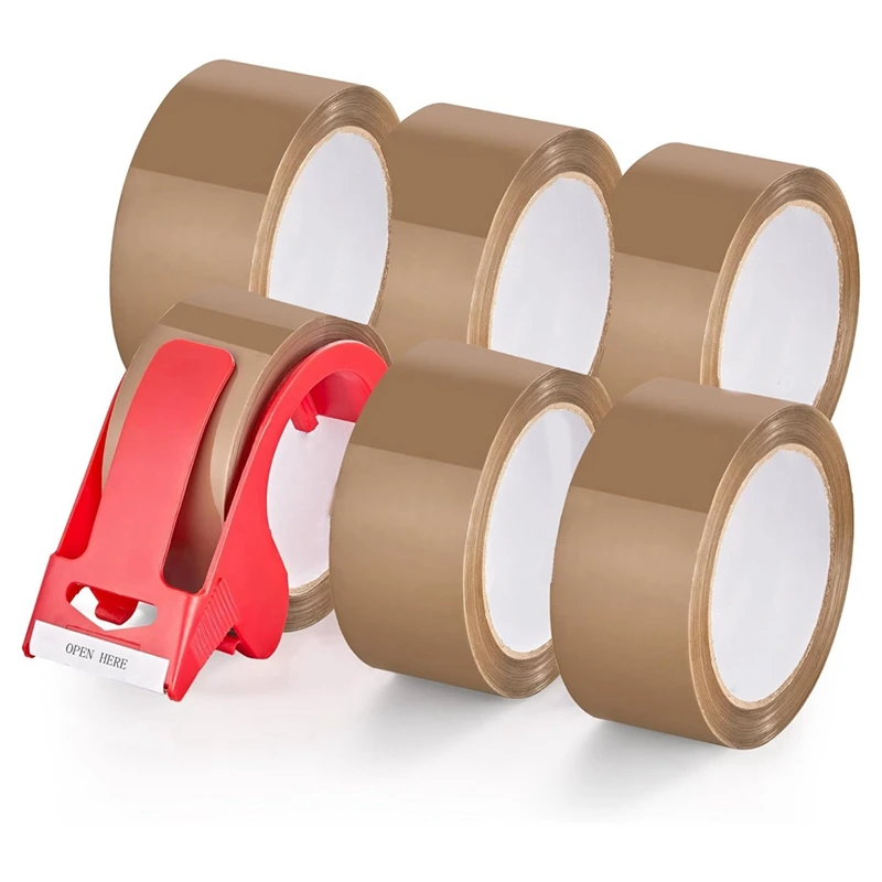 

6 Rolls Brown Packing Tape With Dispenser As Shown OPP 60 Yards Per Roll Heavy Duty Packaging Tape Refills