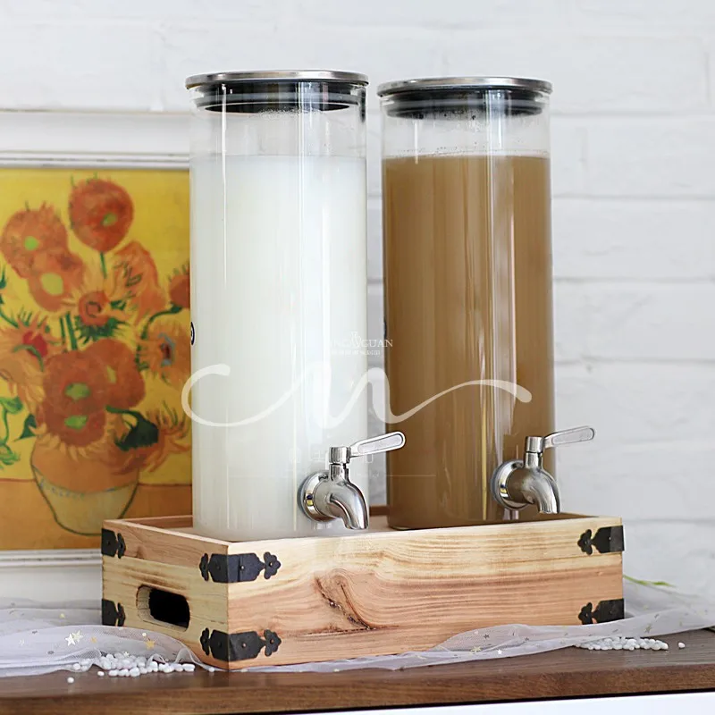 Heat-resistant glass juice can with faucet, self-service beer and beverage bucket, honey sealed bottle, wooden bottom tray