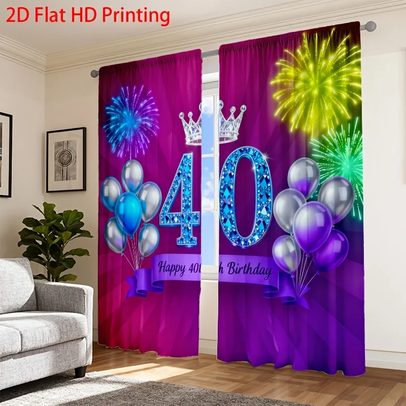 40th Birthday Curtain, Purple and Blue Glitter Number 40 with Crown, Balloons Celebration Pattern, Adult Party Window Drapes