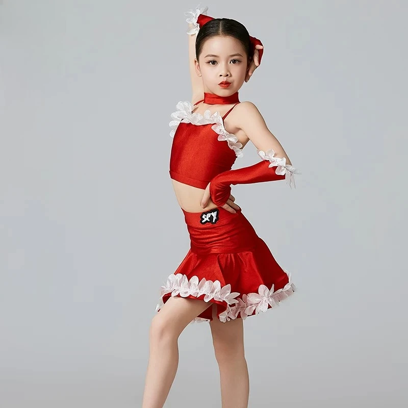 Kid Summer Fashion Latin Dance Dress Set Big Swing Skirt For Professional Stage Competition Performance Daily Practice Dancewear