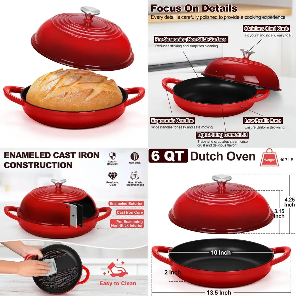 

Enameled Cast Iron Dutch Oven, 6 Quart, Perfect for Sourdough Bread Baking, Tall Dome Lid, Round Base Pan, Ideal for Baking and