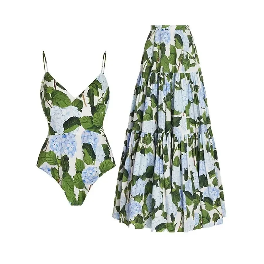 New Fashion Green Floral Print Suspender Beach Long Skirt Resort swimsuit two-piece split bikini
