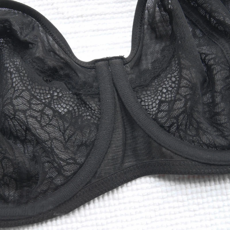 Sexy Women Bras Full Coverage Non Padded Lace Embroidery Underwire Ultrathin Female Lingerie Black Bralette 36 38 40 42 C D E F