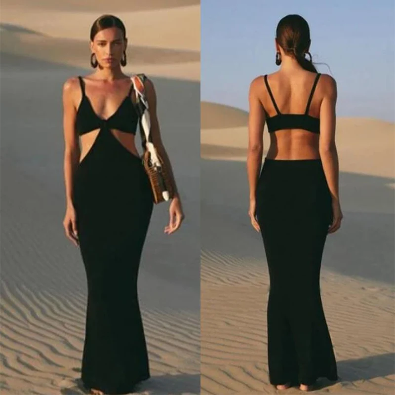 

Summwe Maxi Dress for Women Birthday Party Club Sexy V-neck Backless Strap Ladies Elegant Black Long Dresses Feminino Vestidos