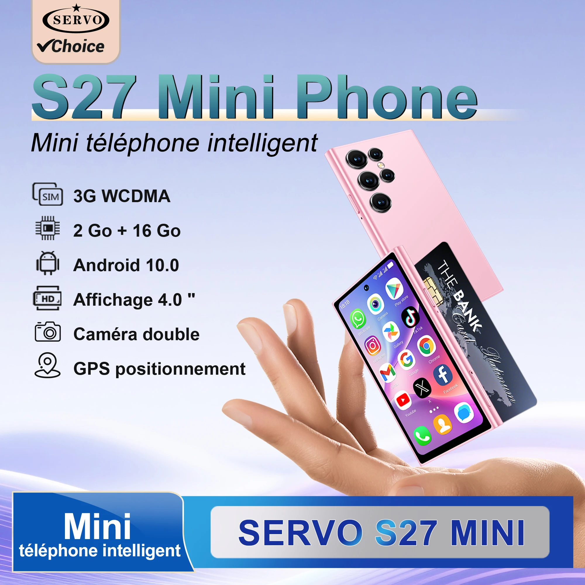 SERVO S27 MINI Smartphone de poche Android 3G WCDMA Google Play 2 Go + 16 Go Déverrouillage facial Double SIM Écran 4,0 pouces Petits téléphones portables intelligents
