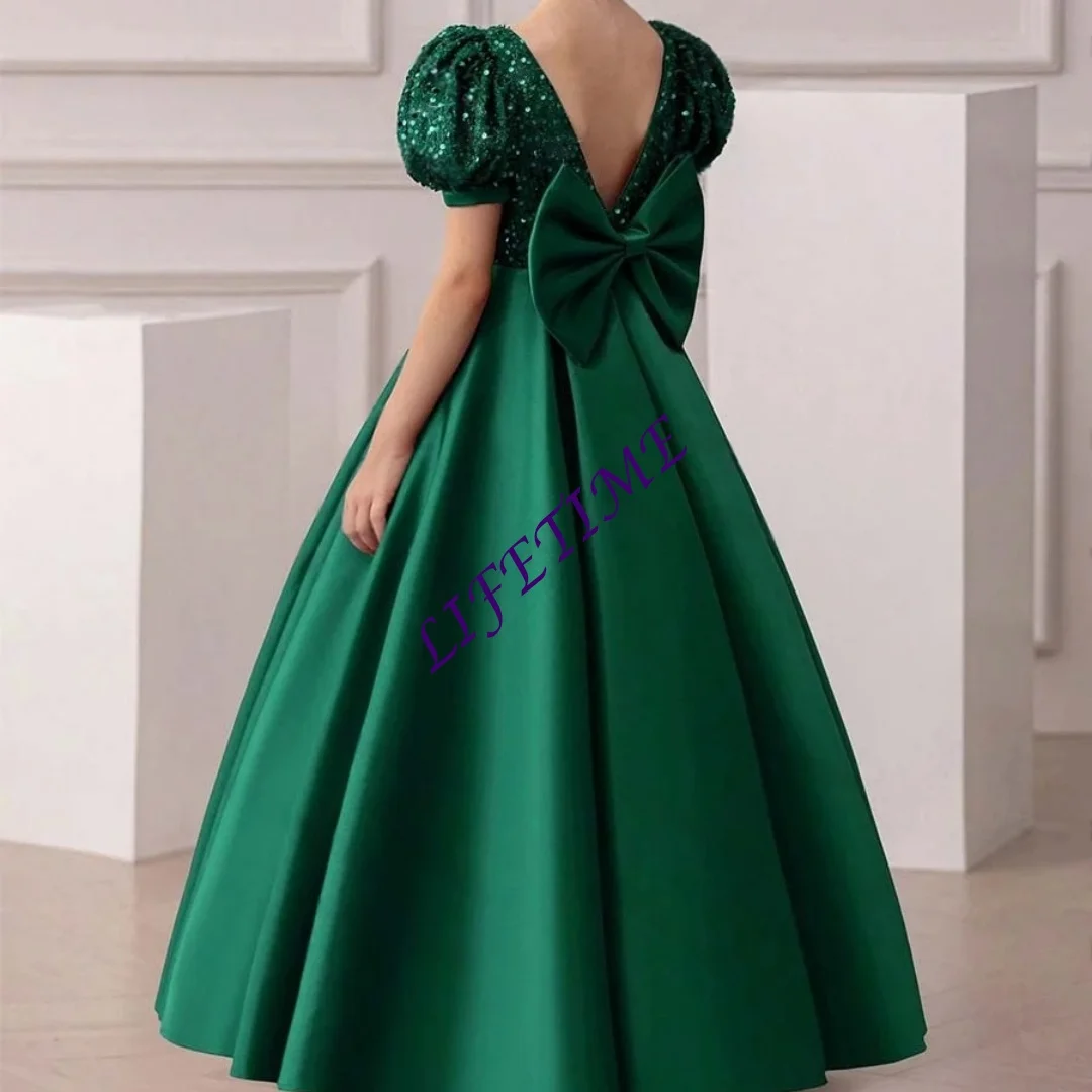 

Индивидуальное изумрудно-зеленое платье принцессы для девочек, с пайетками, атласное, для свадебных торжеств, с бантом/лентой, на заказ