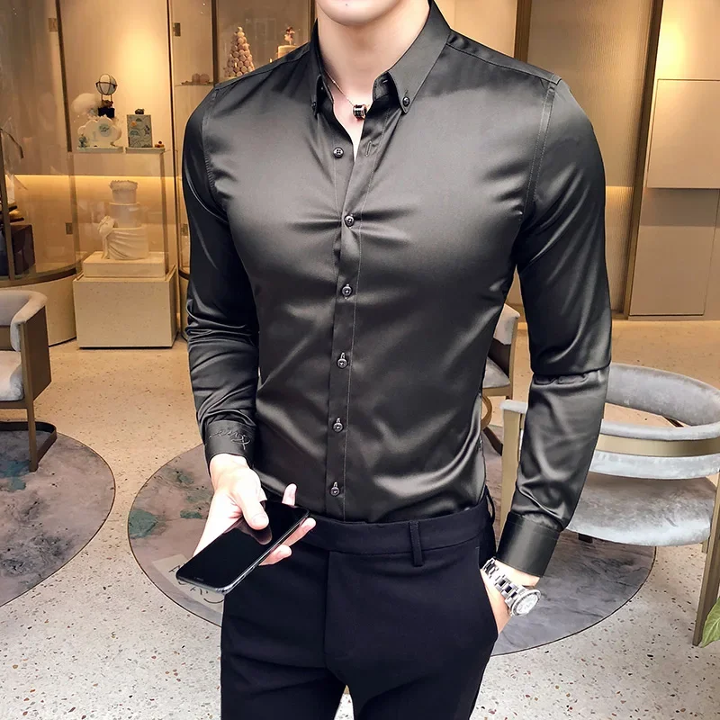 

Neckline Embroidery Shirts Men New Long Sleeve Slim Fit Casual Shirt Solid Color Formal Social Business Dress Shirt Streetwear