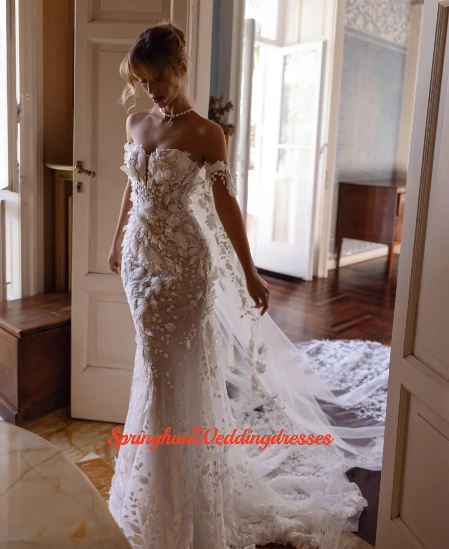 

Customized Luxury Shiny 3D Flower Wedding Dress With Train Sequined Mermaid Long Bridal Gown Off The Shoulder Dresses For Bride