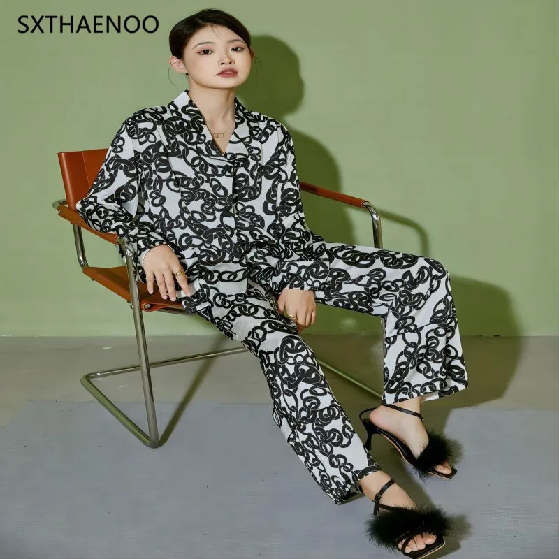 

SXTHAENOO Women's Pijama Long Sleeve Fashion Print Female Loose Trouser Suit Ice Silk Pajama For Female Sleepwear Pijama Mujer