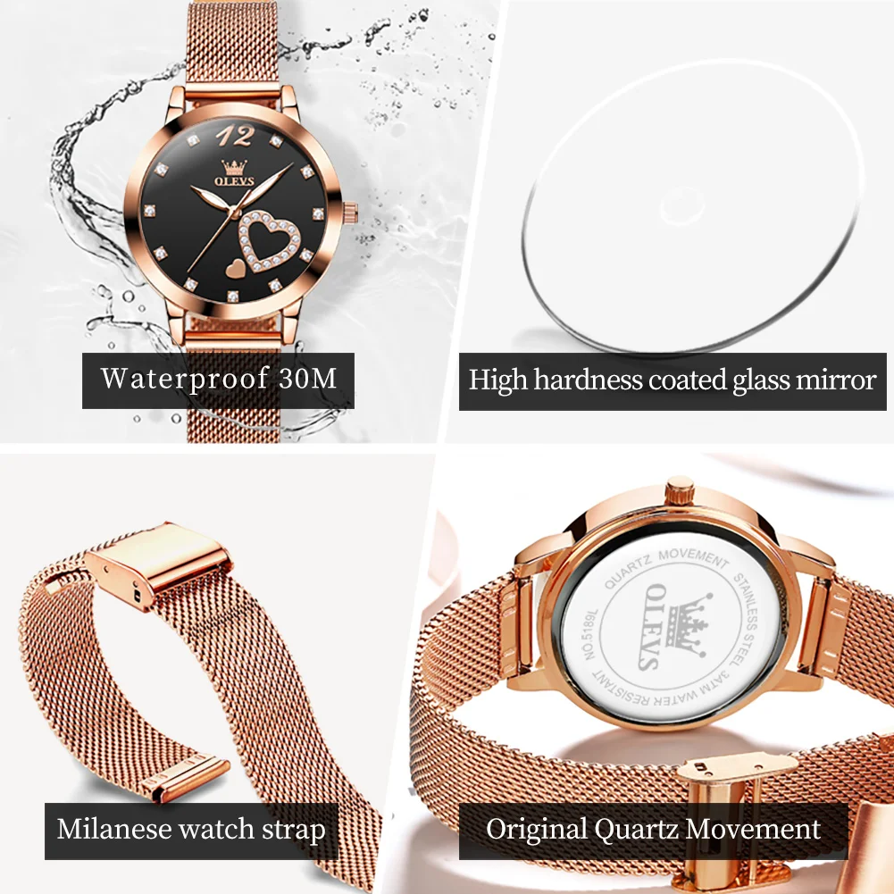 OLEVS 5189, простые кварцевые часы для женщин, дизайн с бриллиантами и сердечками, модные элегантные водонепроницаемые женские часы со стальным ремешком из розового золота