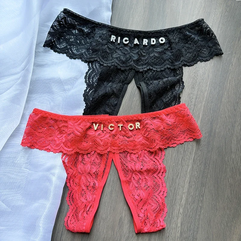 Plus Size Thongs Custom Name Lace Panties Open Crotch Temptation Erotic Customized Personalize Crystal Letter G-String Women