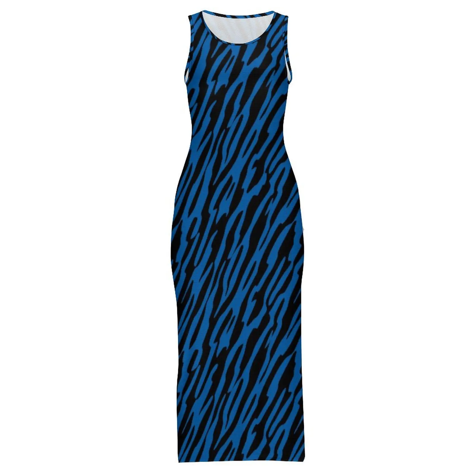 ผู้หญิง Crazy Zebra ชุดสีฟ้าและสีดําลายสบายๆ Y2k ชุดเข้ารูปฤดูใบไม้ผลิ Elegant Maxi ชุดรูปแบบขนาดใหญ่ Vestido