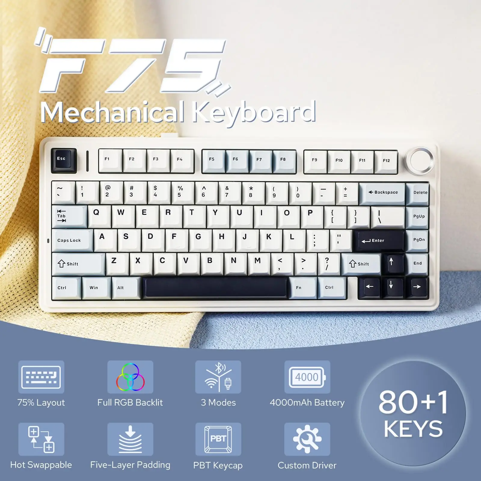 

Aula F75 Gasket Mechanical Keyboard 75% Wireless Hot Swappable RGB Gaming Keyboard With Five-Layer Padding&Knob BT/2.4GHz/Wired