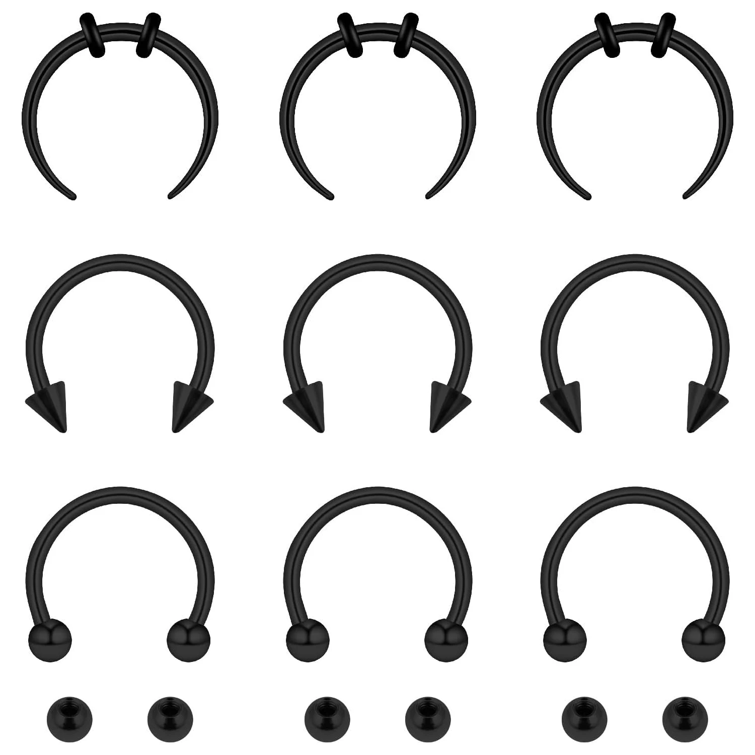 15Pcs Set Septum Nose Rings with Replace Ball 16g Horseshoe Earring Hoop Stainless Steel Piercing Jewelry for Women and Men