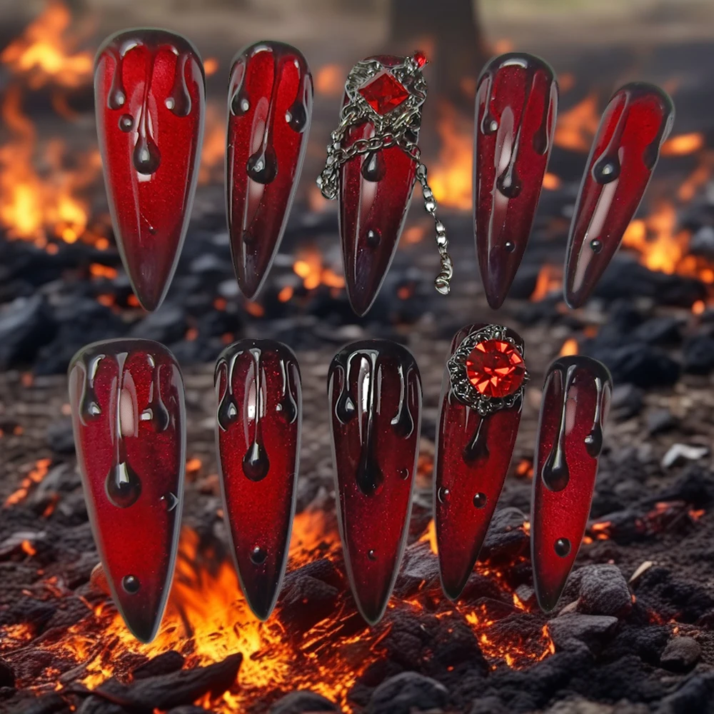 

10pcs Dark Red Press On Nails with Crystal Diamond Chain Halloween Blood Darkness Handmade False Nail Tips Luxury Cat Eyes Nails
