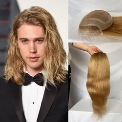 12-14inch Long Human Hair Toupee For Men Mono Best Natural Hairline Men's Wig Ombre Blonde Color 12inch 10x8 Toupee Men Hair