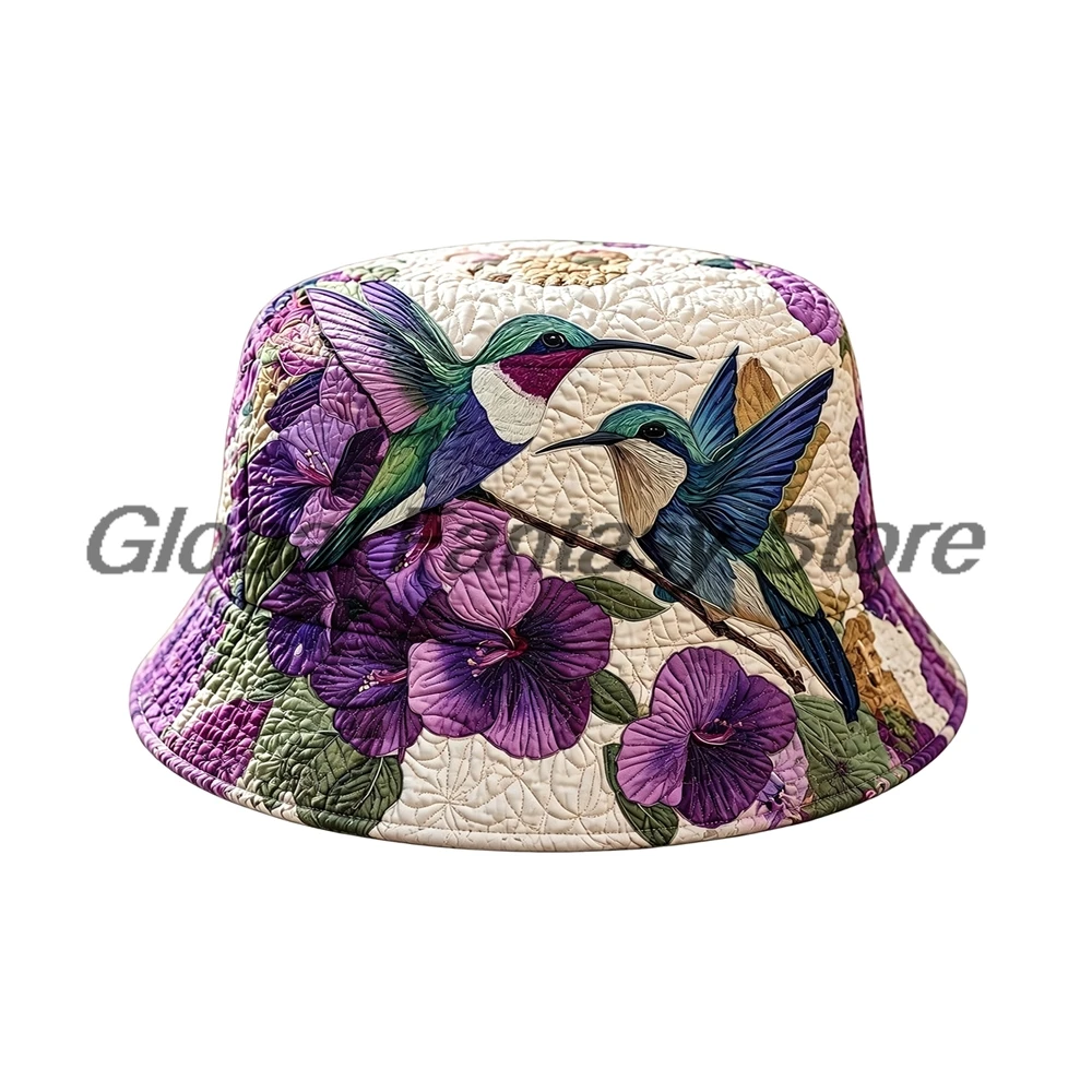 Vintage Hummingbird Quilted Bucket Hat Boho Floral Print Fisherman Cap Men Women Outdoor Holiday Party Hats