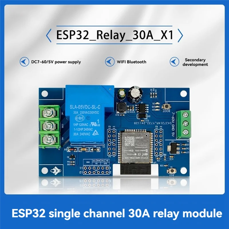1-канальный модуль реле WIFI 30A ESP32-WROOM-32E, модуль макетной платы для умного дома, беспроводное управление DC7-60/5V-BTFL